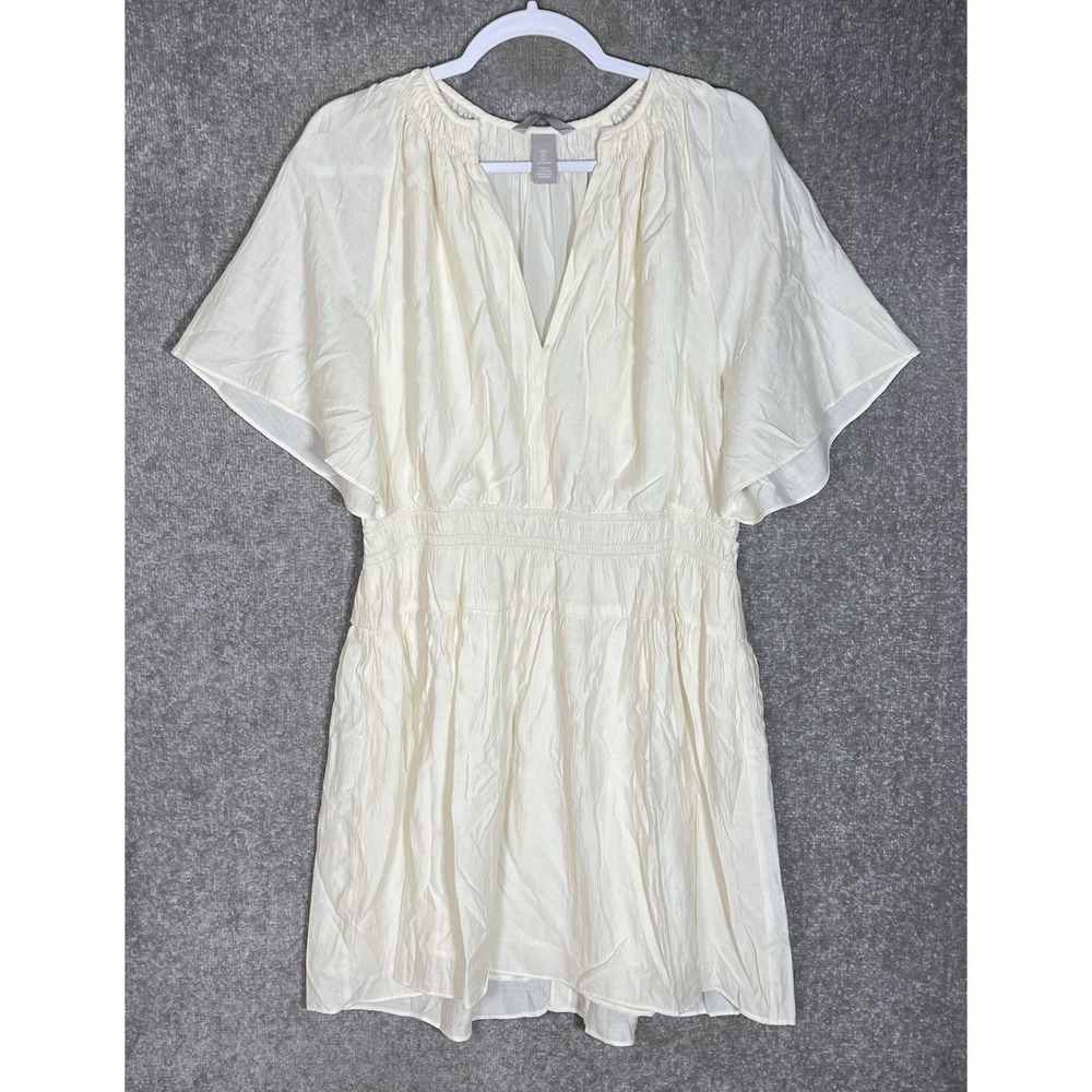H&M Vneck Wide Raglan Sleeve Smocked Crinkle Dress Womens Size Large Flowy BOHO